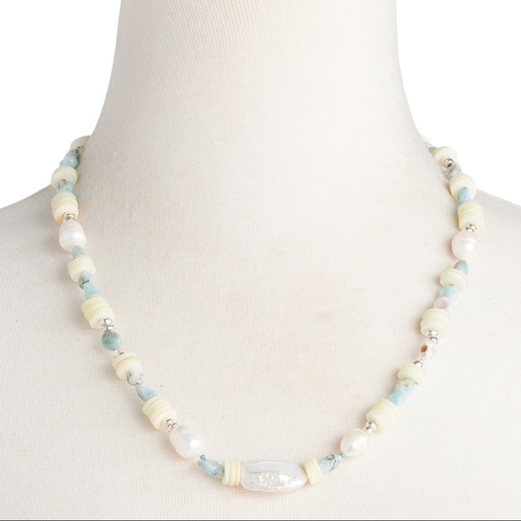 DANNIJO Riviera Freshwater Pearl, Heishi, & Larimar Beaded Necklace NWT - Picture 2 of 14